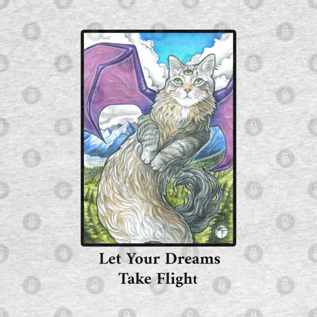 Cat Dragon - Let Your Dreams Take Flight Quote - Black Outlined Version by Nat Ewert Art